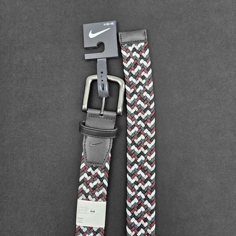Nike Mens Braided Woven Stretch Belt Black Grey Burgundy Size Med 34-36 New